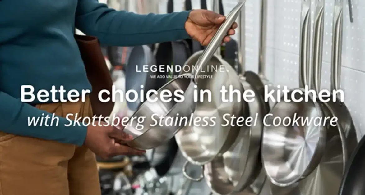 : Person selecting a Skottsberg stainless steel frying pan in a kitchenware store